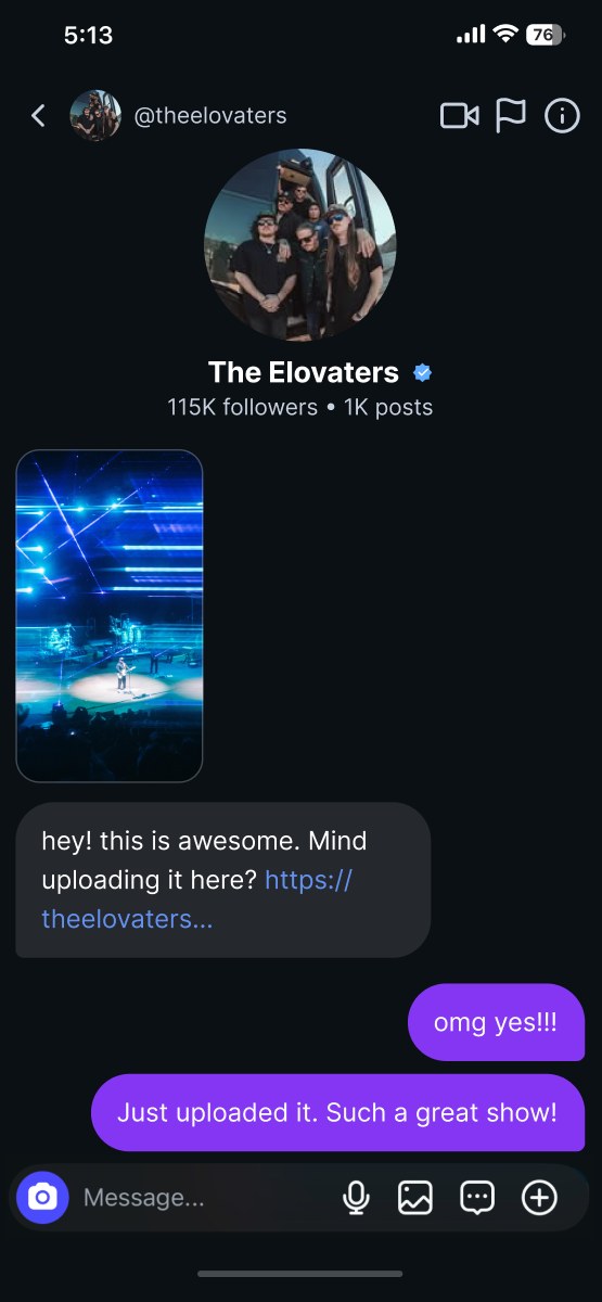 Instagram DM from The Elovaters asking a fan to upload their show clip