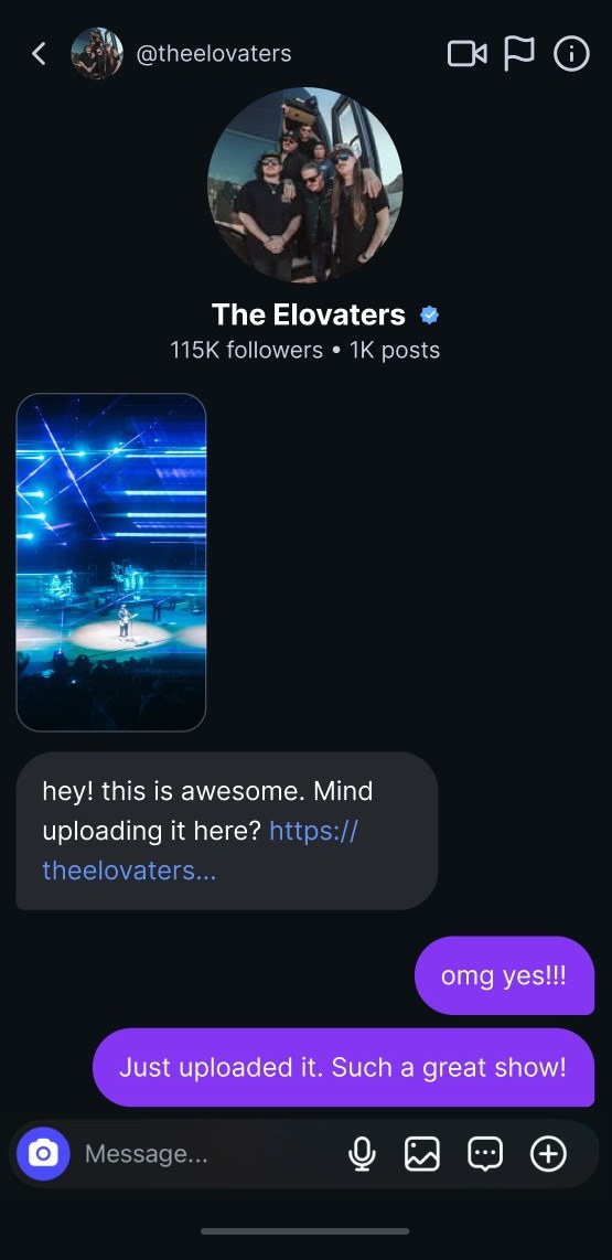 Laylo's UGC Agent asking a fan for their Elovaters show clip over Instagram DM
